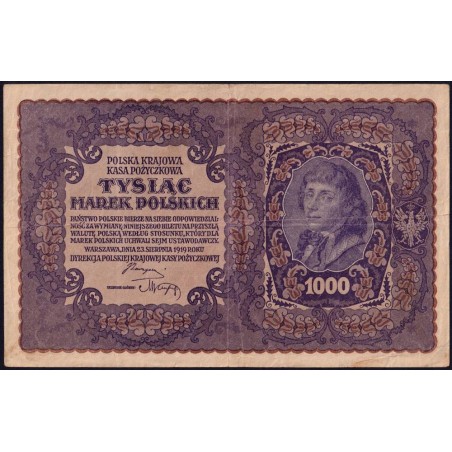 Pologne - Pick 29_1a - 1'000 marek - Emission I - Série N - 23/08/1919 - Etat : TTB