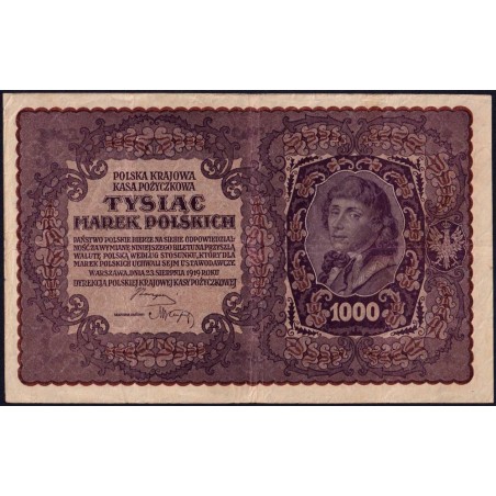 Pologne - Pick 29_1b - 1'000 marek - Emission I - Série BE - 23/08/1919 - Etat : TTB