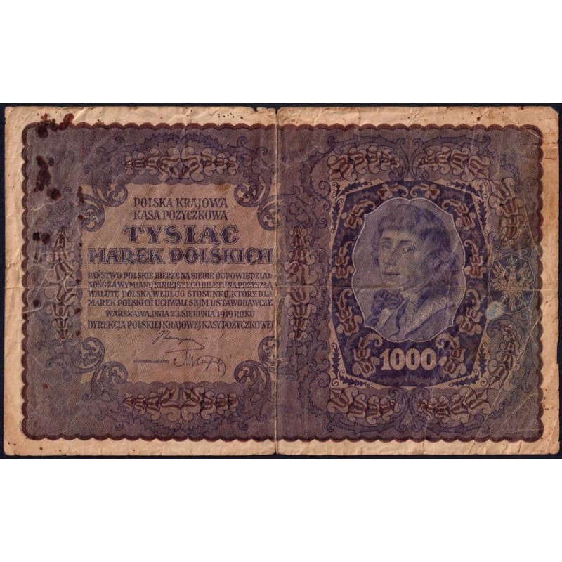 Pologne - Pick 29_2b - 1'000 marek - Emission II - Série BP - 23/08/1919 - Etat : B+