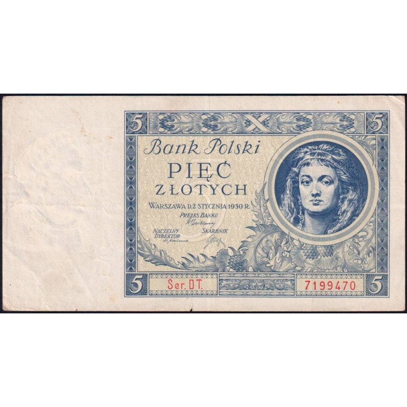 Pologne - Pick 72_2 - 5 zlotych - Série DT - 01/01/1930 - Etat : TTB