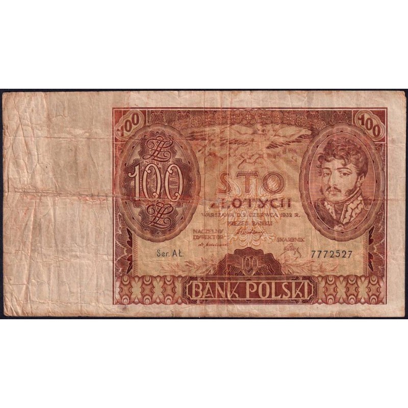 Pologne - Pick 74a - 100 zlotych - Série AL - 02/06/1932 - Etat : B