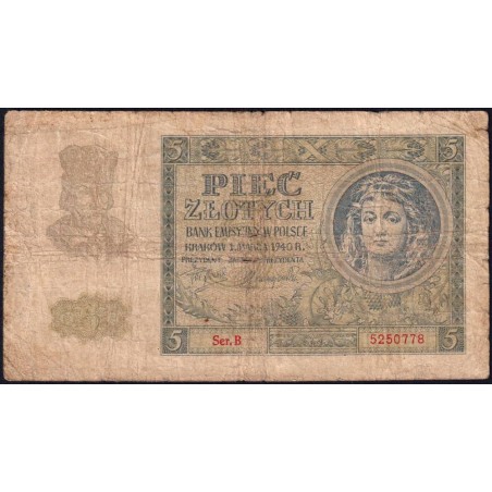 Pologne - Pick 93 - 5 zlotych - Série B - 01/03/1940 - Etat : B