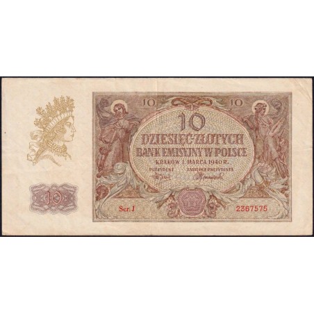 Pologne - Pick 94_1 - 10 zlotych - Série J - 01/03/1940 - Etat : TTB