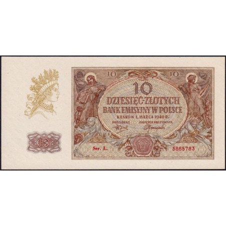 Pologne - Pick 94_2 - 10 zlotych - Série L. - 01/03/1940 - Etat : NEUF