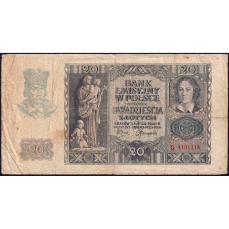 Pologne - Pick 95 - 20 zlotych - Série G - 01/03/1940 - Etat : TB-