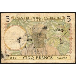 AOF - Pick 21_b2 - 5 Francs - Série K.3058 - 12/08/1937 - Etat : B-