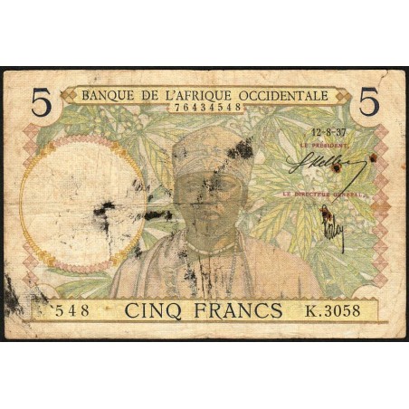 AOF - Pick 21_b2 - 5 Francs - Série - K.3058 - 12/08/1937 - Etat : B-