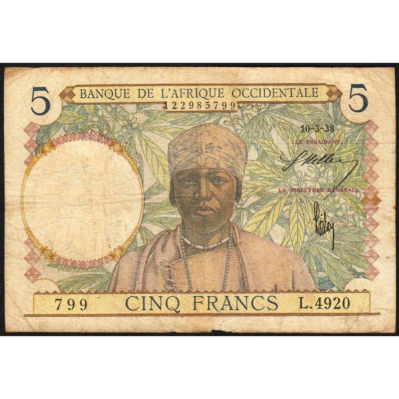 AOF - Pick 21_b3 - 5 Francs - Série L.4920 - 10/03/1938 - Etat : TB-