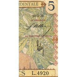 AOF - Pick 21_b3 - 5 Francs - Série L.4920 - 10/03/1938 - Etat : TB-