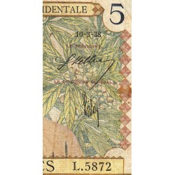 AOF - Pick 21_b3 - 5 Francs - Série - L.5872 - 10/03/1938 - Etat : B+