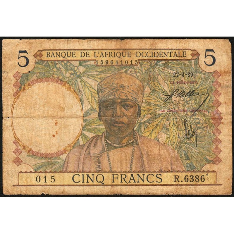 AOF - Pick 21_b4 - 5 Francs - Série R.6386 - 27/04/1939 - Etat : B-