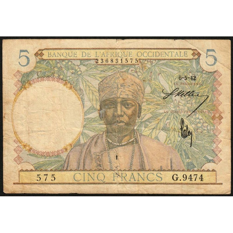 AOF - Pick 25_3 - 5 Francs - Série G.9474 - 06/05/1942 - Etat : B+