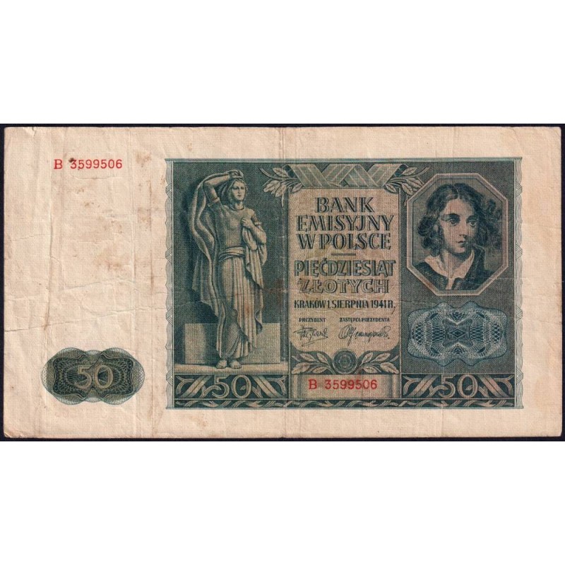 Pologne - Pick 102 - 50 zlotych - Série B - 01/08/1941 - Etat : TB-