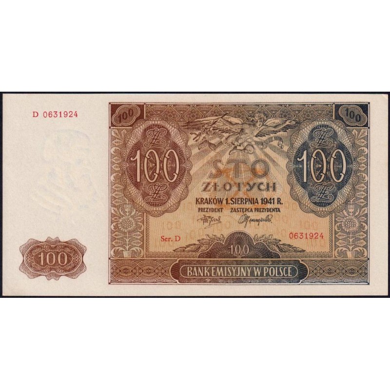 Pologne - Pick 103 - 100 zlotych - Série D - 01/08/1941 - Etat : NEUF