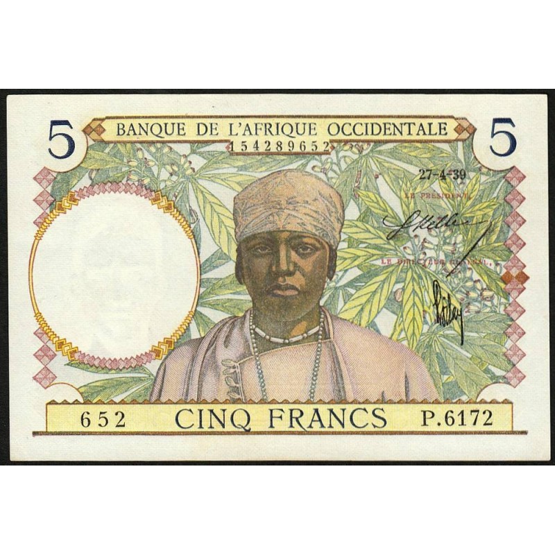 AOF - Pick 21_b4 - 5 Francs - Série P.6172 - 27/04/1939 - Etat : SPL à SPL+