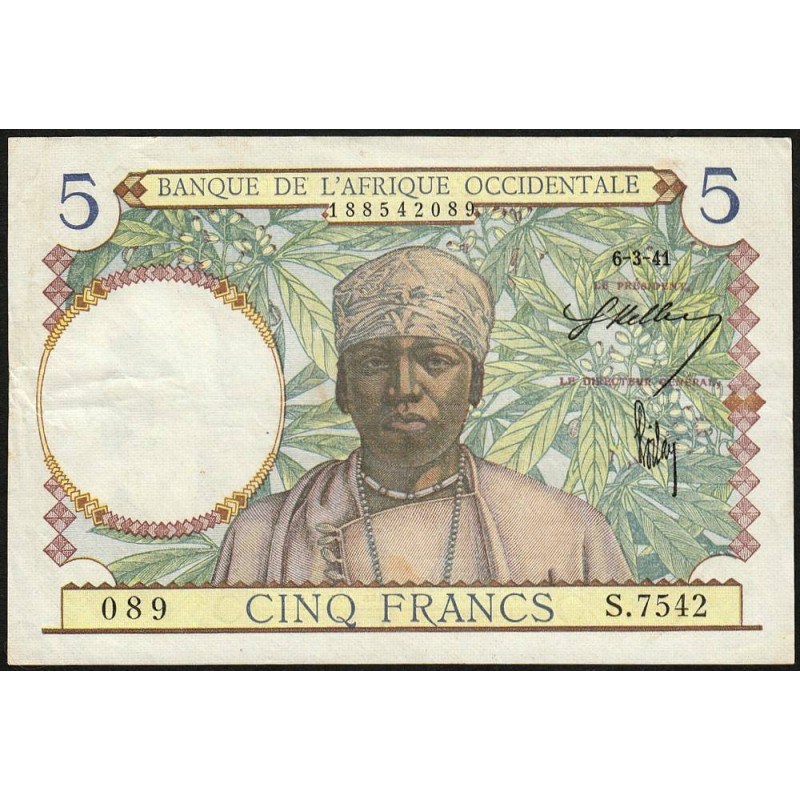 AOF - Pick 21_b5 - 5 Francs - Série S.7542 - 06/03/1941 - Etat : TTB+