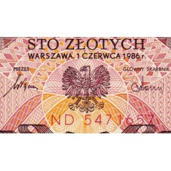 Pologne - Pick 143e_1 - 100 zlotych - Série ND - 01/06/1986 - Etat : NEUF
