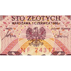 Pologne - Pick 143e_1 - 100 zlotych - Série NF - 01/06/1986 - Etat : NEUF