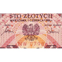 Pologne - Pick 143e_1 - 100 zlotych - Série NW - 01/06/1986 - Etat : NEUF