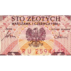 Pologne - Pick 143e_1 - 100 zlotych - Série RU - 01/06/1986 - Etat : NEUF