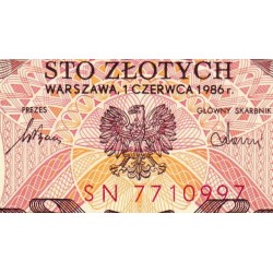 Pologne - Pick 143e_1 - 100 zlotych - Série SN - 01/06/1986 - Etat : NEUF