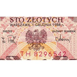 Pologne - Pick 143e_2 - 100 zlotych - Série TH - 01/12/1988 - Etat : NEUF