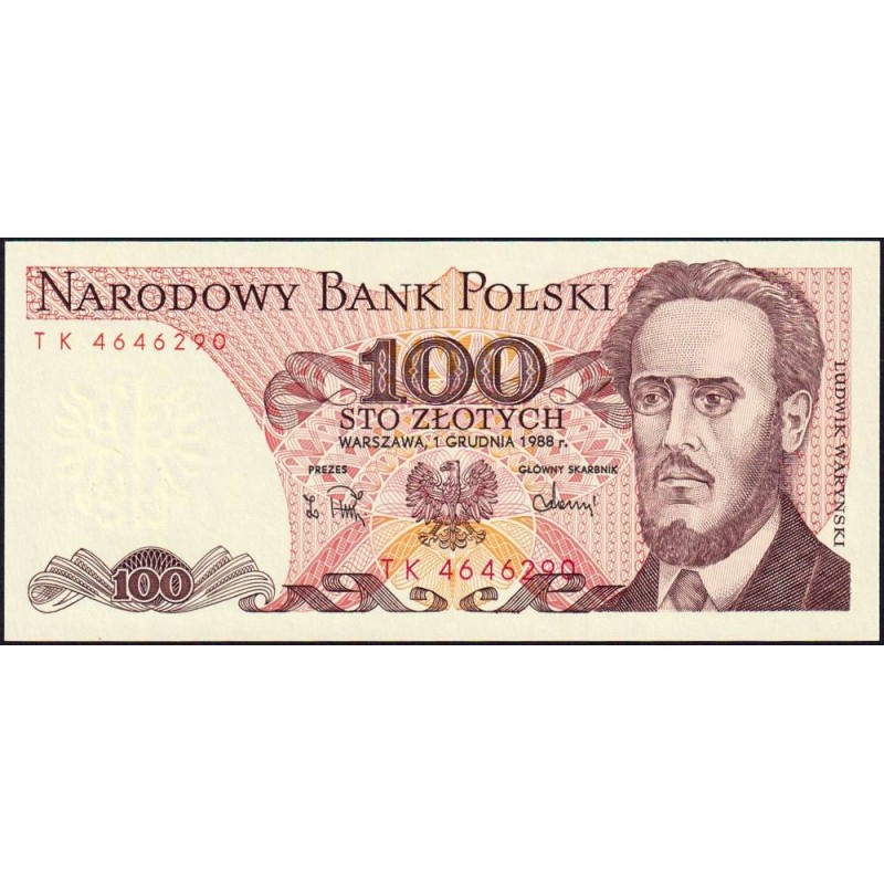 Pologne - Pick 143e_2 - 100 zlotych - Série TK - 01/12/1988 - Etat : NEUF