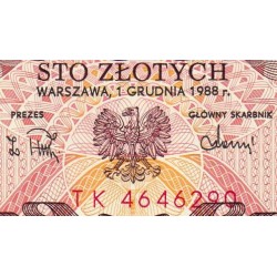 Pologne - Pick 143e_2 - 100 zlotych - Série TK - 01/12/1988 - Etat : NEUF