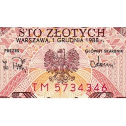 Pologne - Pick 143e_2 - 100 zlotych - Série TM - 01/12/1988 - Etat : NEUF