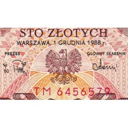 Pologne - Pick 143e_2 - 100 zlotych - Série TM - 01/12/1988 - Etat : pr.NEUF