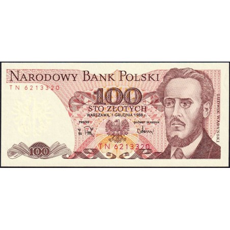 Pologne - Pick 143e_2 - 100 zlotych - Série TN - 01/12/1988 - Etat : pr.NEUF