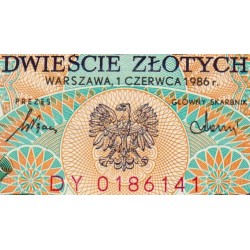 Pologne - Pick 144c_1 - 200 zlotych - Série DY - 01/06/1986 - Etat : NEUF