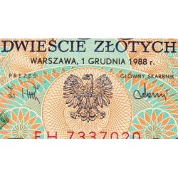 Pologne - Pick 144c_2 - 200 zlotych - Série EH - 01/12/1988 - Etat : NEUF