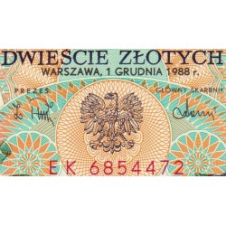 Pologne - Pick 144c_2 - 200 zlotych - Série EK - 01/12/1988 - Etat : pr.NEUF