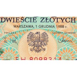 Pologne - Pick 144c_2 - 200 zlotych - Série EH - 01/12/1988 - Etat : SUP