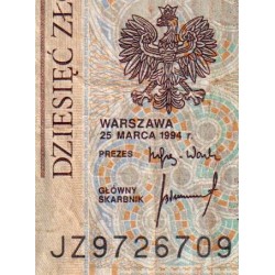 Pologne - Pick 173a_2 - 10 zlotych - Série JZ - 25/03/1994 - Etat : TB