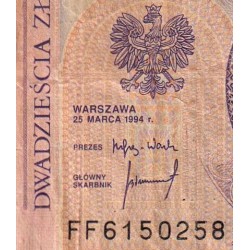 Pologne - Pick 174a_2 - 20 zlotych - Série FF - 25/03/1994 - Etat : TB