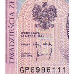 Pologne - Pick 174a_2 - 20 zlotych - Série GP - 25/03/1994 - Etat : NEUF