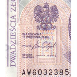 Pologne - Pick 184b - 20 zlotych - Série AW - 15/09/2016 - Etat : TTB+