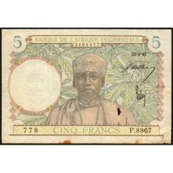 AOF - Pick 25_2 - 5 Francs - Série F.8867 - 22/04/1942 - Etat : TB-
