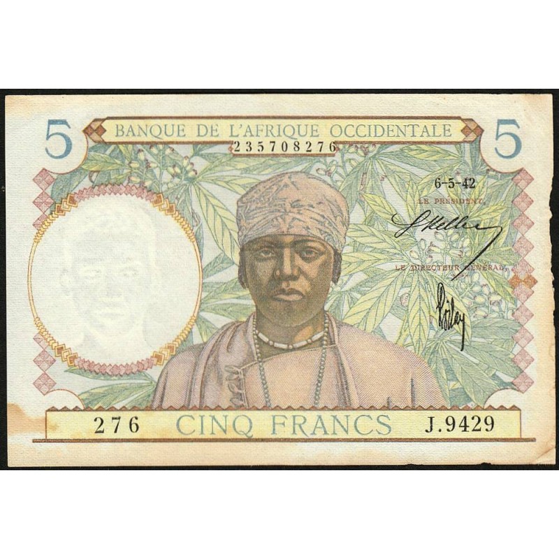 AOF - Pick 25_3 - 5 Francs - Série J.9429 - 06/05/1942 - Etat : TTB-