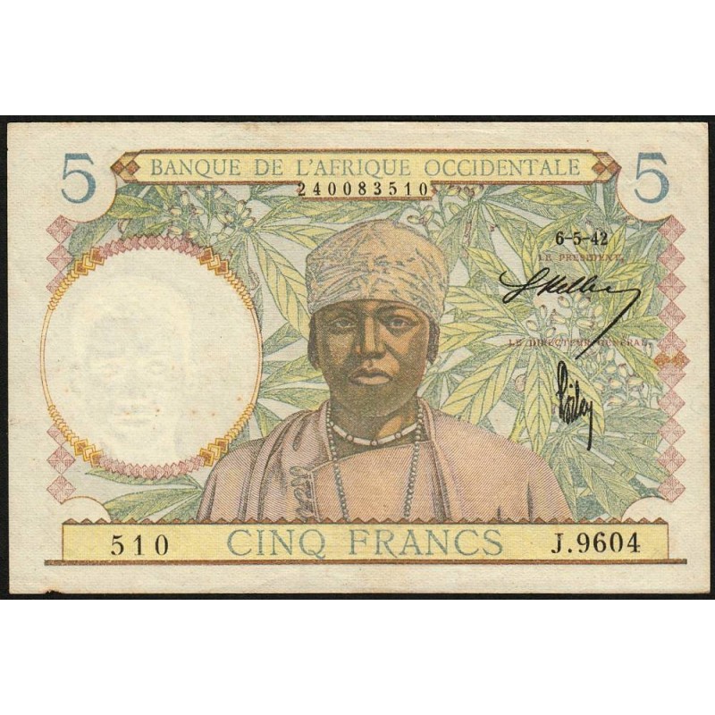 AOF - Pick 25_3 - 5 Francs - Série J.9604 - 06/05/1942 - Etat : TTB+