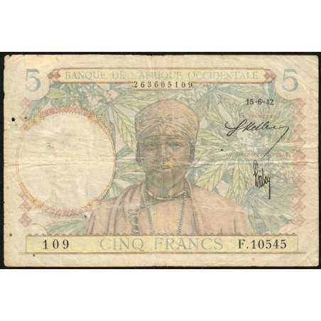 AOF - Pick 25_4 - 5 Francs - Série F.10545 - 15/06/1942 - Etat : B+