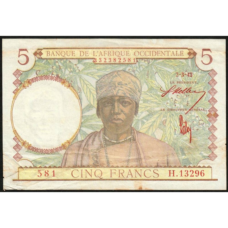AOF - Pick 26 - 5 Francs - Série H.13296 - 02/03/1943 - Etat : TTB