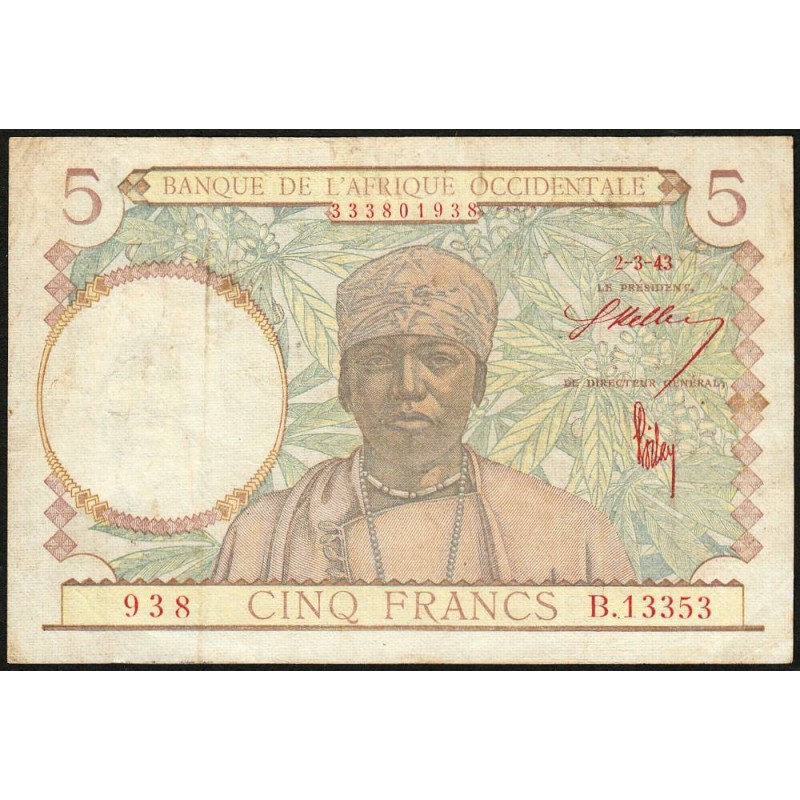 AOF - Pick 26 - 5 Francs - Série B.13353 - 02/03/1943 - Etat : TB+