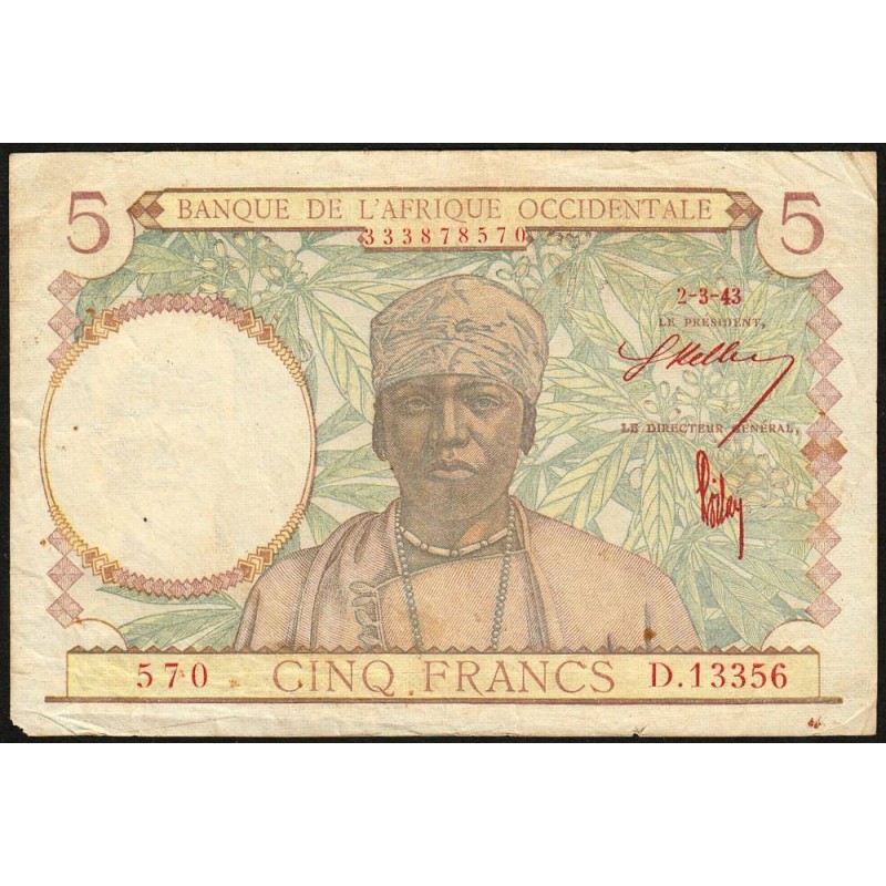 AOF - Pick 26 - 5 Francs - Série D.13356 - 02/03/1943 - Etat : TB