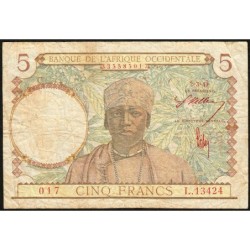 AOF - Pick 26 - 5 Francs - Série - L.13424 - 02/03/1943 - Etat : B+