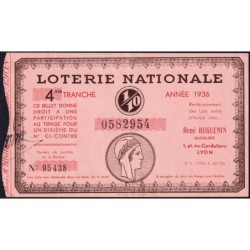 1936 - Loterie Nationale - 4e tranche - 1/10ème - Banque Huguenin - Etat : SPL