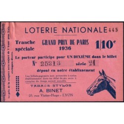 1936 - Loterie Nationale - Tranche spéciale - 1/10ème - Grand Prix de Paris - Etat : TTB+