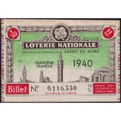 1940 - Loterie Nationale - 15e tranche - 1/10ème - Crédit du Nord - Etat : TTB